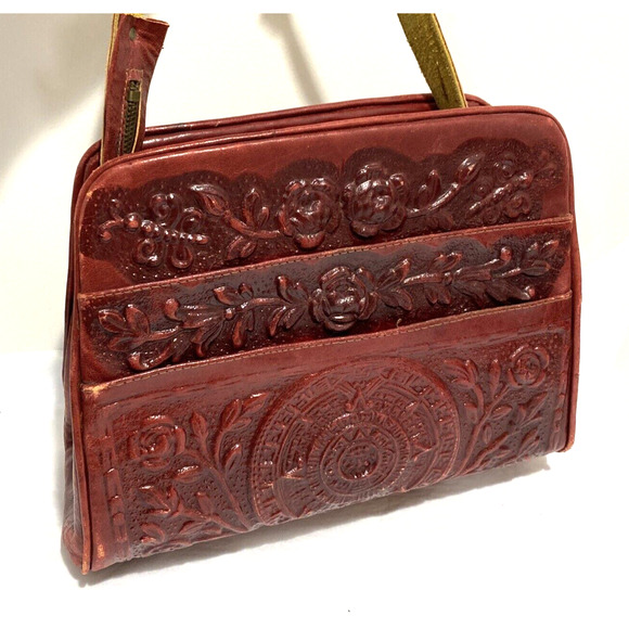 Vintage red tooled leather handbag purse Boho southwestern unique retro bag - Picture 4 of 12